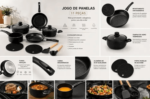 Jogo de Panelas Antiaderente Granilite 11 Peças com Tampas de Vidro – Preto